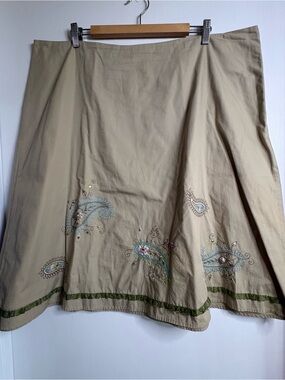 Villager Sz 20W Embroidered Floral Woven Cotton A-Line Skirt Zip Ruffle Ribbon